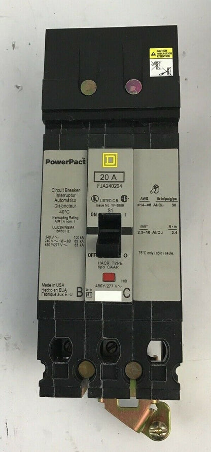 SQUARE D FJA240204 POWERPACT CIRCUIT BREAKER 20A 2POLE 480Y/277VAC