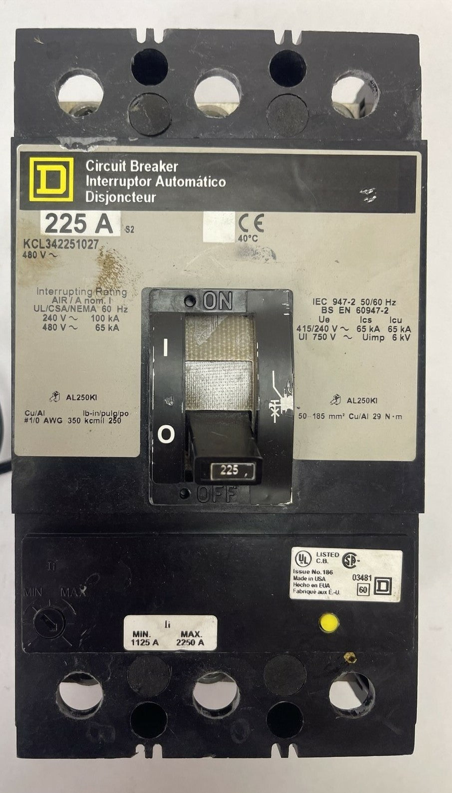 SQUARE D KCL342251027 CIRCUIT BREAKER 480VAC 225AMP 3POLE SHUNT TRIP 24VDC