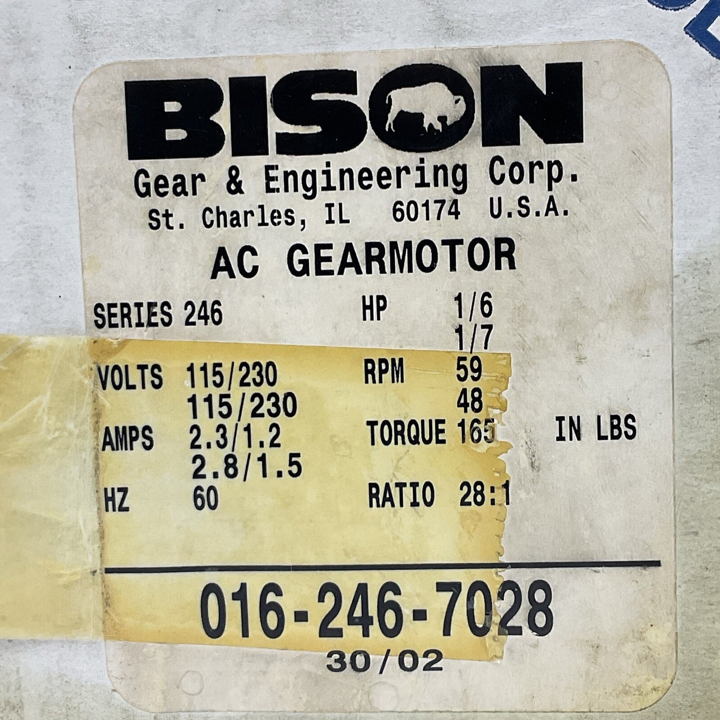 BISON 016-246-7028 AC GEARMOTOR 1/6HP 115/230V 50/60HZ 2.3/1.2AMP 59/48 RPM 28:1