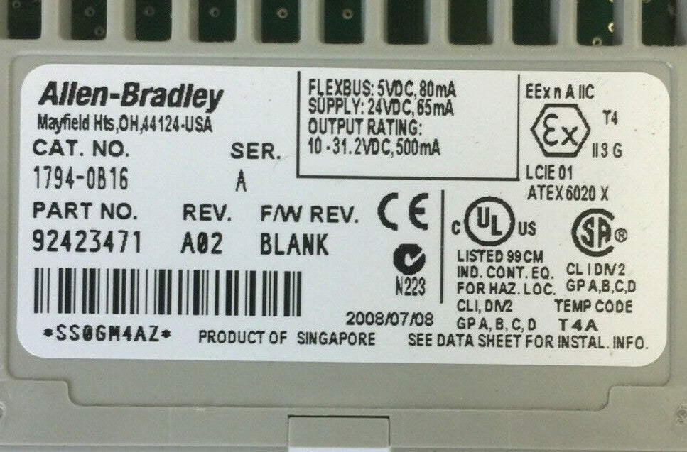 ALLEN BRADLEY 1794-OB16P SER A REV A02 F/W REV BLANK 24VDC SOURCE OUTPUT