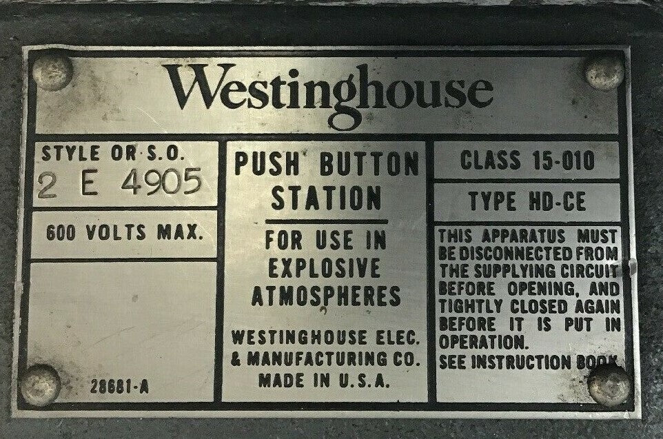 WESTINGHOUSE TYPE HD-CE PUSHBUTTON STATION 2 E 4905 CLASS 15-010 600VOLTS