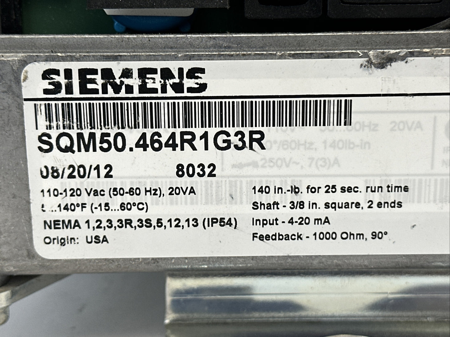 SIEMENS SQM50.464R1G3R PNEUMATIC DAMPER MOTOR 110-120VAC 50/60HZ 20VA