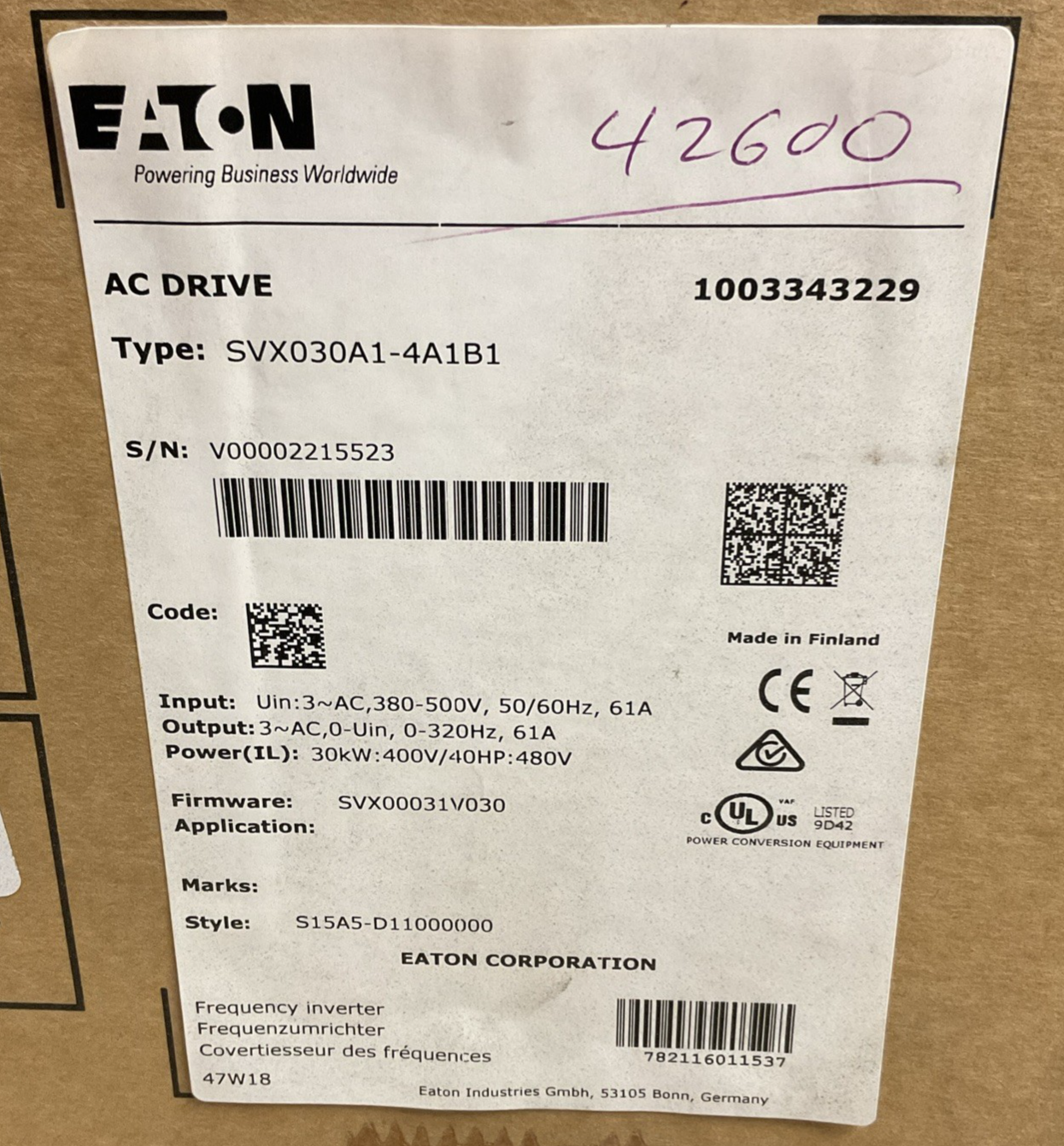 EATON SVX030A1-4A1B1 AC DRIVE 500V 40HP 61A 320HZ 30KW SVX9000