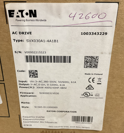 EATON SVX030A1-4A1B1 AC DRIVE 500V 40HP 61A 320HZ 30KW SVX9000