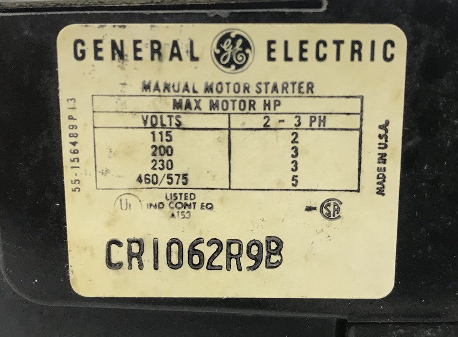 GE CR1062R9B MANUAL STARTER NEMA SIZE M-0 TOGGLE OPERATED 3 POLE 3 OLS