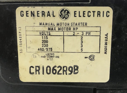 GE CR1062R9B MANUAL STARTER NEMA SIZE M-0 TOGGLE OPERATED 3 POLE 3 OLS