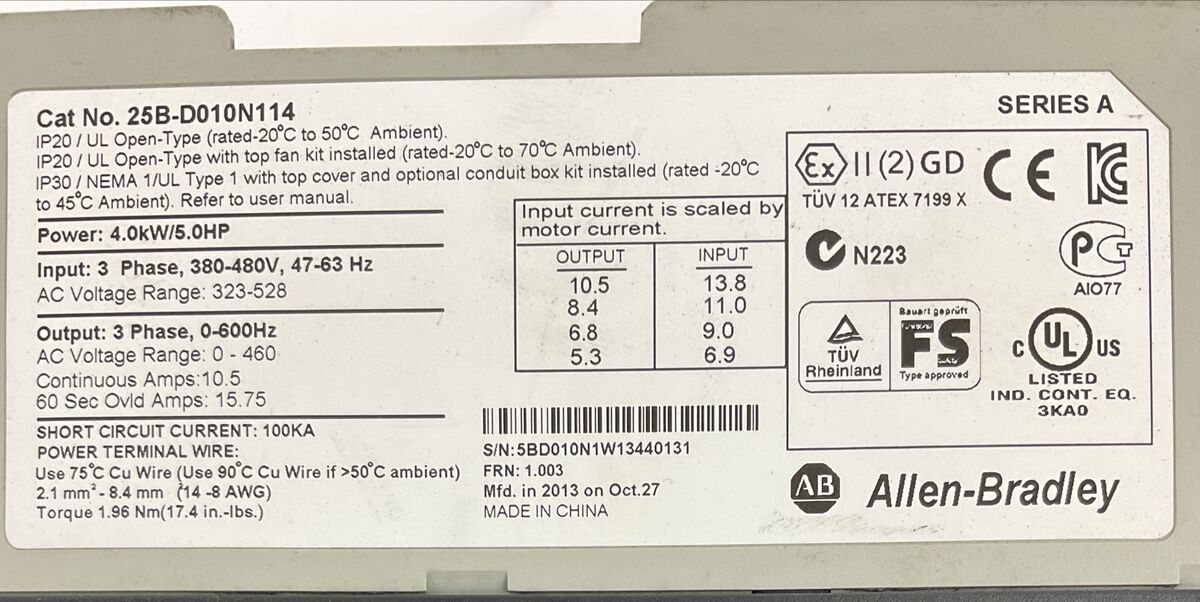 ALLEN BRADLEY 25B-D010N114 AC DRIVE FRN 1.003 SER A OUTPUT 0-460VAC