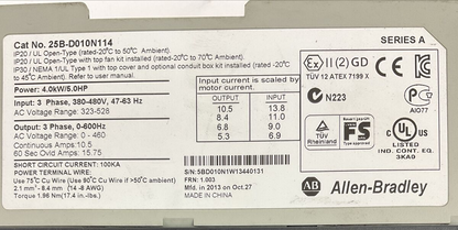 ALLEN BRADLEY 25B-D010N114 AC DRIVE FRN 1.003 SER A OUTPUT 0-460VAC