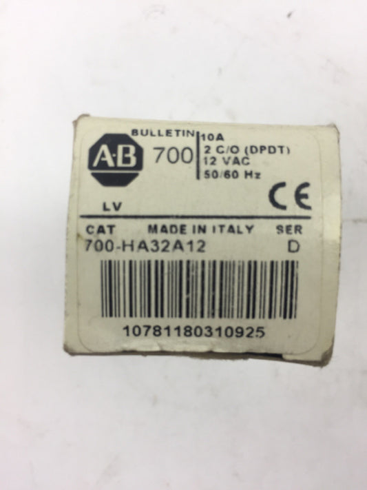 ALLEN BRADLEY 700-HA32A12 RELAY 10A 2 C/O (DPDT) 12 VAC 50/60HZ SERIES D