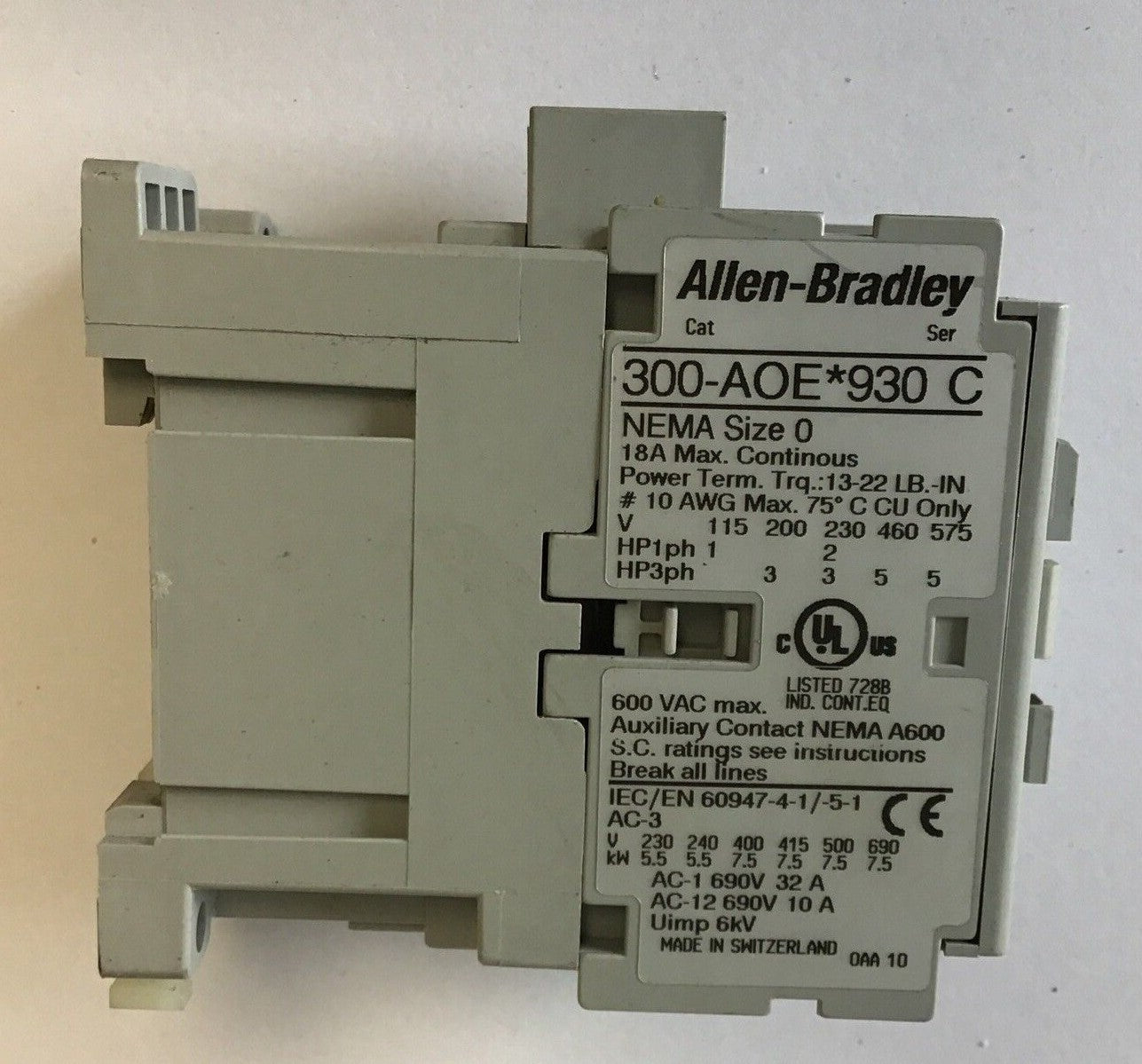 ALLEN BRADLEY 300-AOE*930 CONTACTOR SER.C 18A 600VAC 24VDC