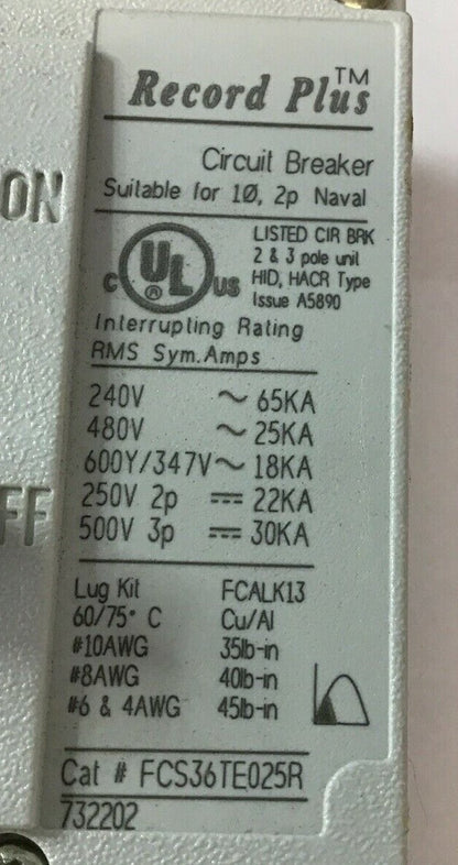 GENERAL ELECTRIC FCS36TE025R 25A CIRCUIT BREAKER 3POLE 500V