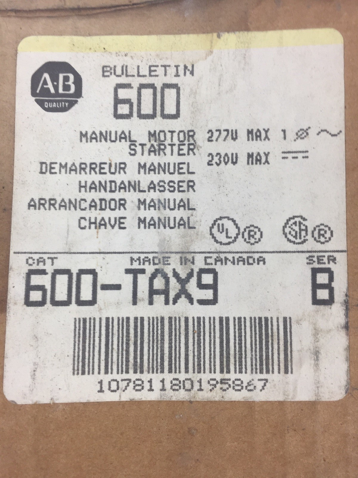 ALLEN BRADLEY 600-TAX9 MANUAL MOTOR STARTER SERIES B