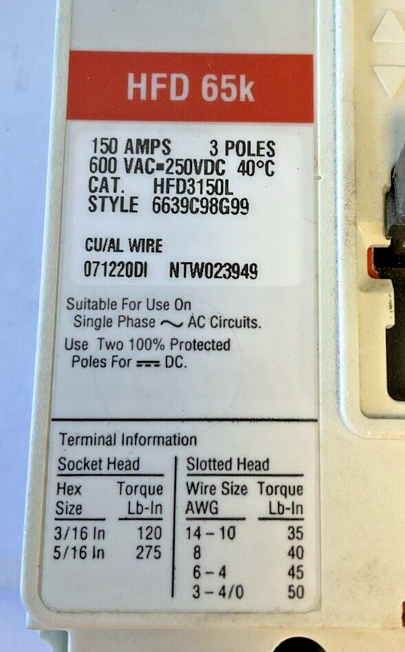 CUTLER HAMMER HFD3150L CIRCUIT BREAKER HFD 65K 150AMP 250VDC 600VAC 3POLE