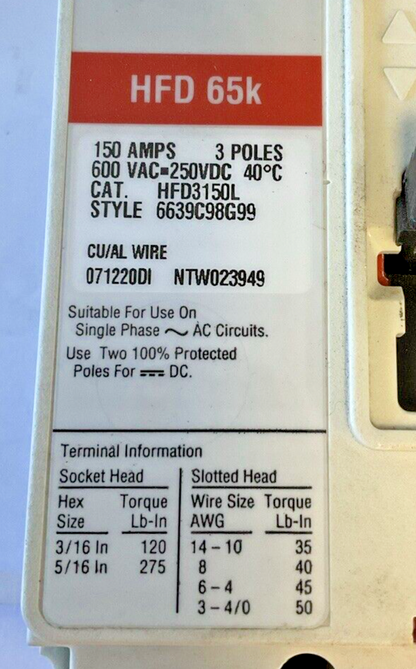 CUTLER HAMMER HFD3150L CIRCUIT BREAKER HFD 65K 150AMP 250VDC 600VAC 3POLE