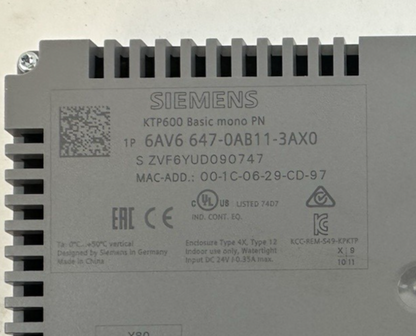 SIEMENS 6AV6 647-0AB11-3AX0 SIMATIC KTP600 BASIC MONO PN HMI TOUCH PANEL