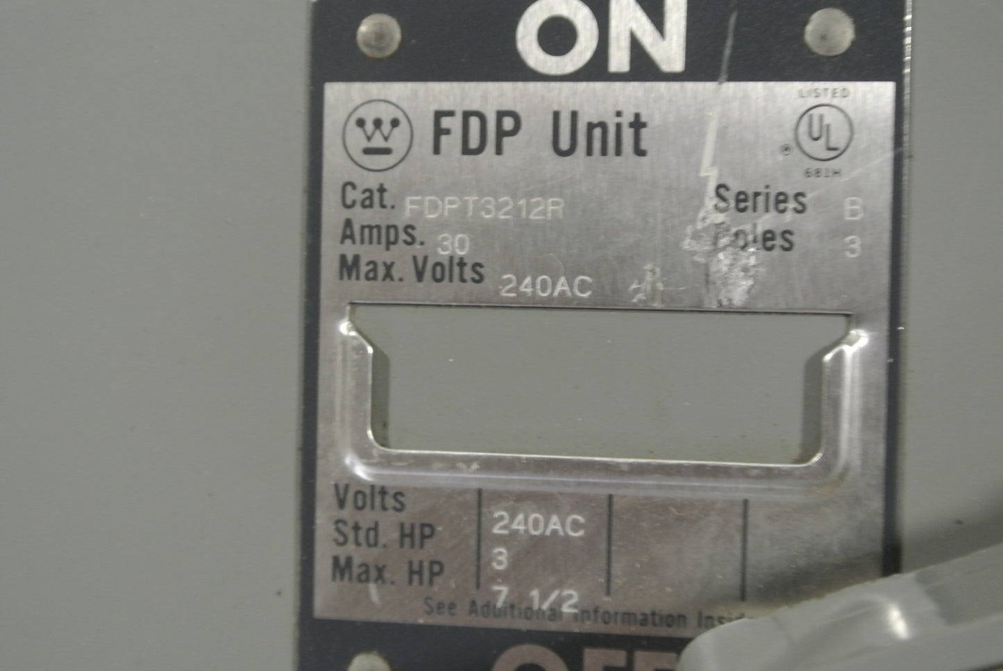WESTINGHOUSE FDPT3212R - TWIN FUSIBLE PANELBOARD SWITCH - 240V, 60A, 3-POLE