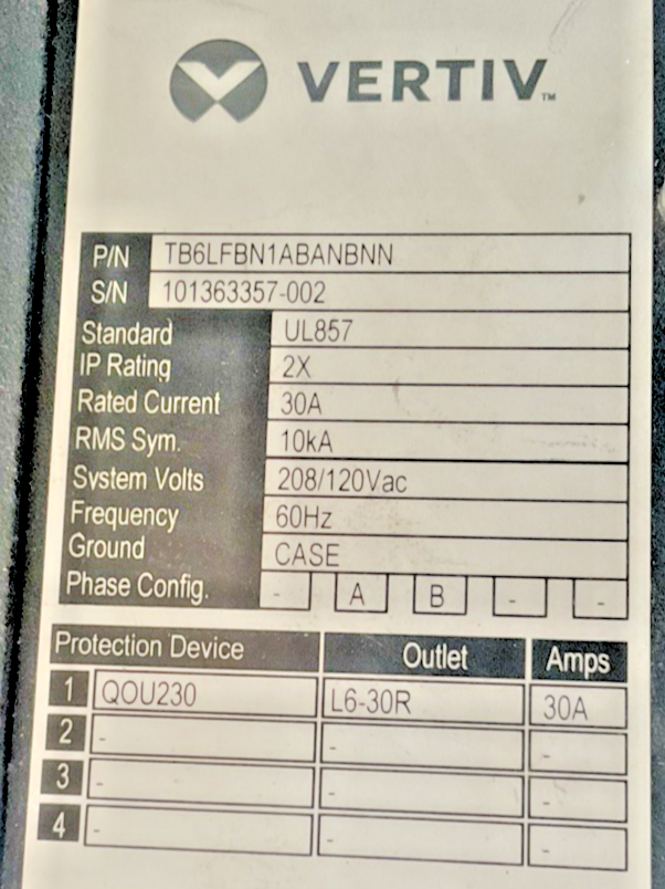 VERTIV POWERBAR iMPB BUSWAY 10' 8X30A , 2X20A BUS PLUGS UL857 208/120V EI GROUP