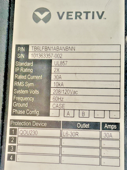 VERTIV POWERBAR iMPB BUSWAY 10' 8X30A , 2X20A BUS PLUGS UL857 208/120V EI GROUP