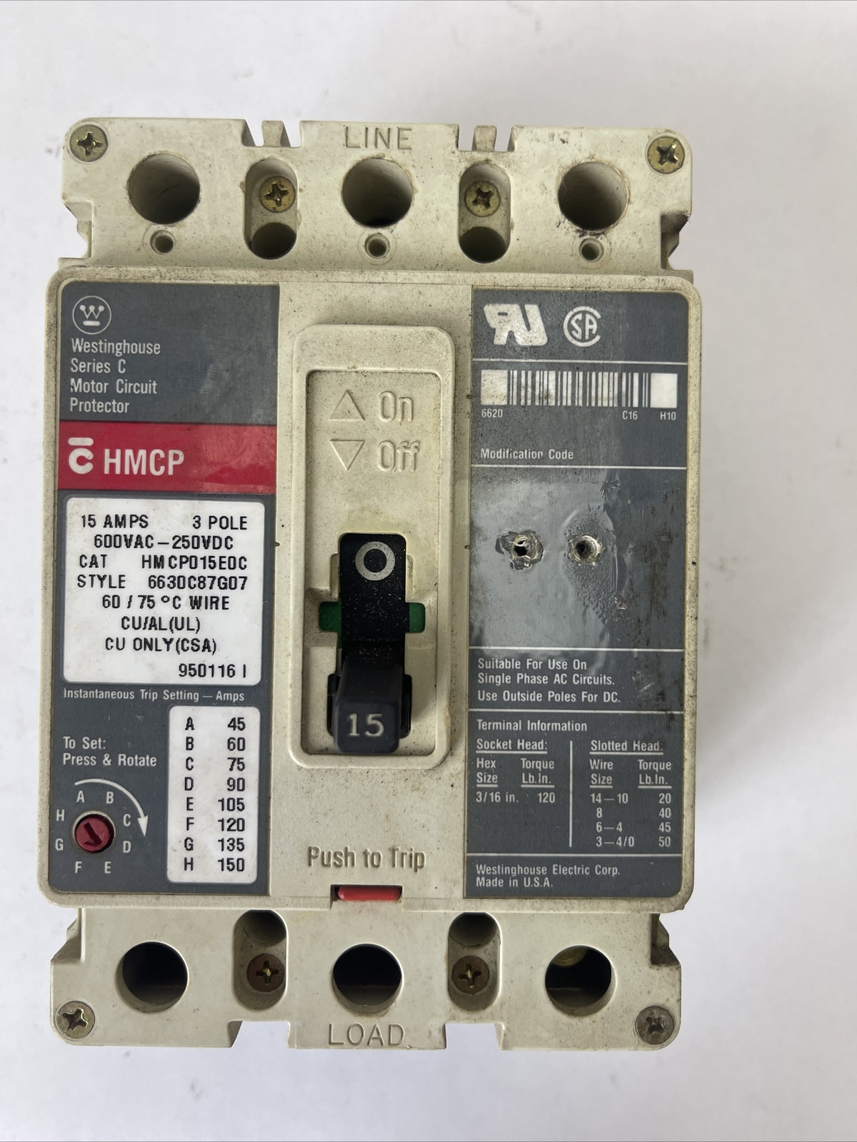 WESTINGHOUSE HMCP015E0C SER C MOTOR CIRCUIT PROTECTOR 15AMP 600VAC 250VDC 3POLE
