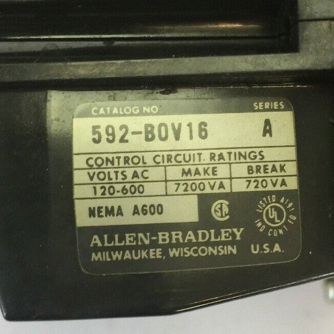 ALLEN BRADLEY 592-B0V16 MANUAL RESET OVERLOAD RELAY 120-600VAC W/ W23 HEATERS
