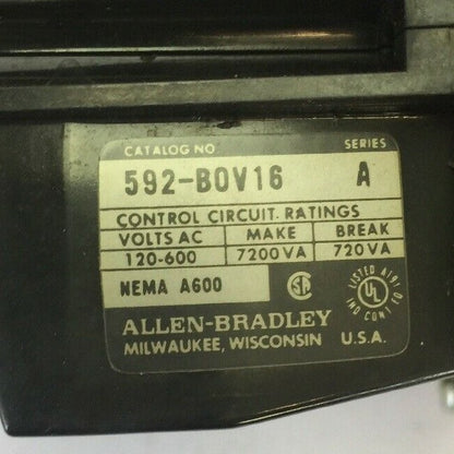 ALLEN BRADLEY 592-B0V16 MANUAL RESET OVERLOAD RELAY 120-600VAC W/ W23 HEATERS