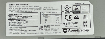 ALLEN-BRADLEY 25B-D010N104 AC DRIVE SER.A 528V FRN:5.001 4KW 5HP 3P W/25-JBAB