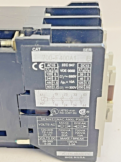 ALLEN BRADLEY - 700-F400A1 SER. B - CONTROL RELAY 120V / 60HZ COIL