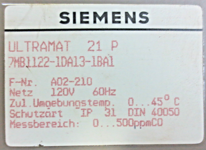 SIEMENS ULTRAMAT 21P - 7MB1122-1DA13-1BA1 - CO GAS ANALYZER - 120V , 60 HZ