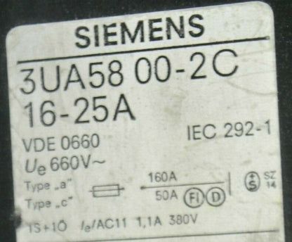 SIEMENS 3UA58 00-2C OVERLOAD RELAY / 16-25 AMP