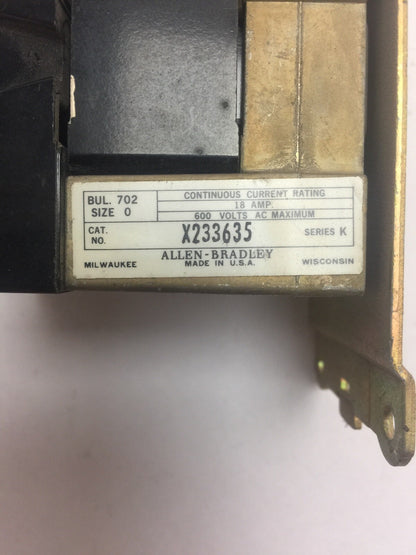 ALLEN BRADLEY X233635 CONTACTOR 600VAC 18AMP SER K SIZE 0 70A81 COIL 600V 60HZ