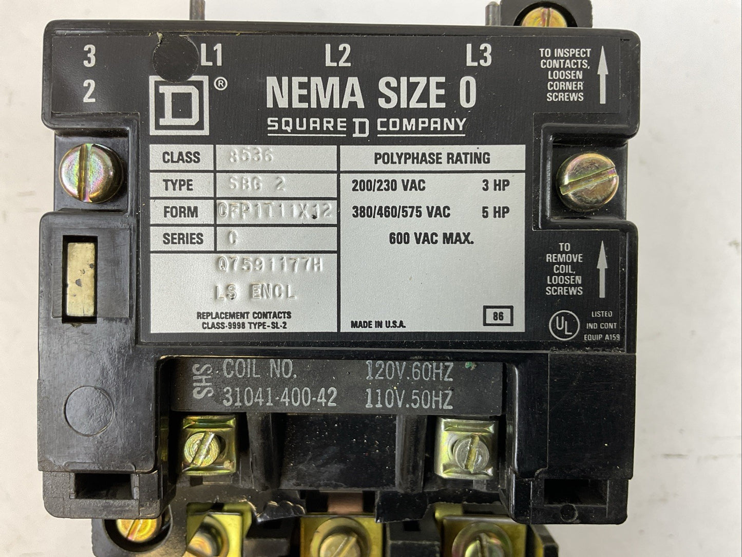 SQUARE D 8536SBG2 SIZE 0 STARTER 600VAC 5HP B7.70 HEATERS 31041-400-42 COIL 120V