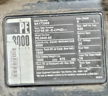 CROWN PE3540-60 PALLET JACK  6000LBS 24VDC BATT. TYPE E/ TRUCK TYPE E 9756.9HRS