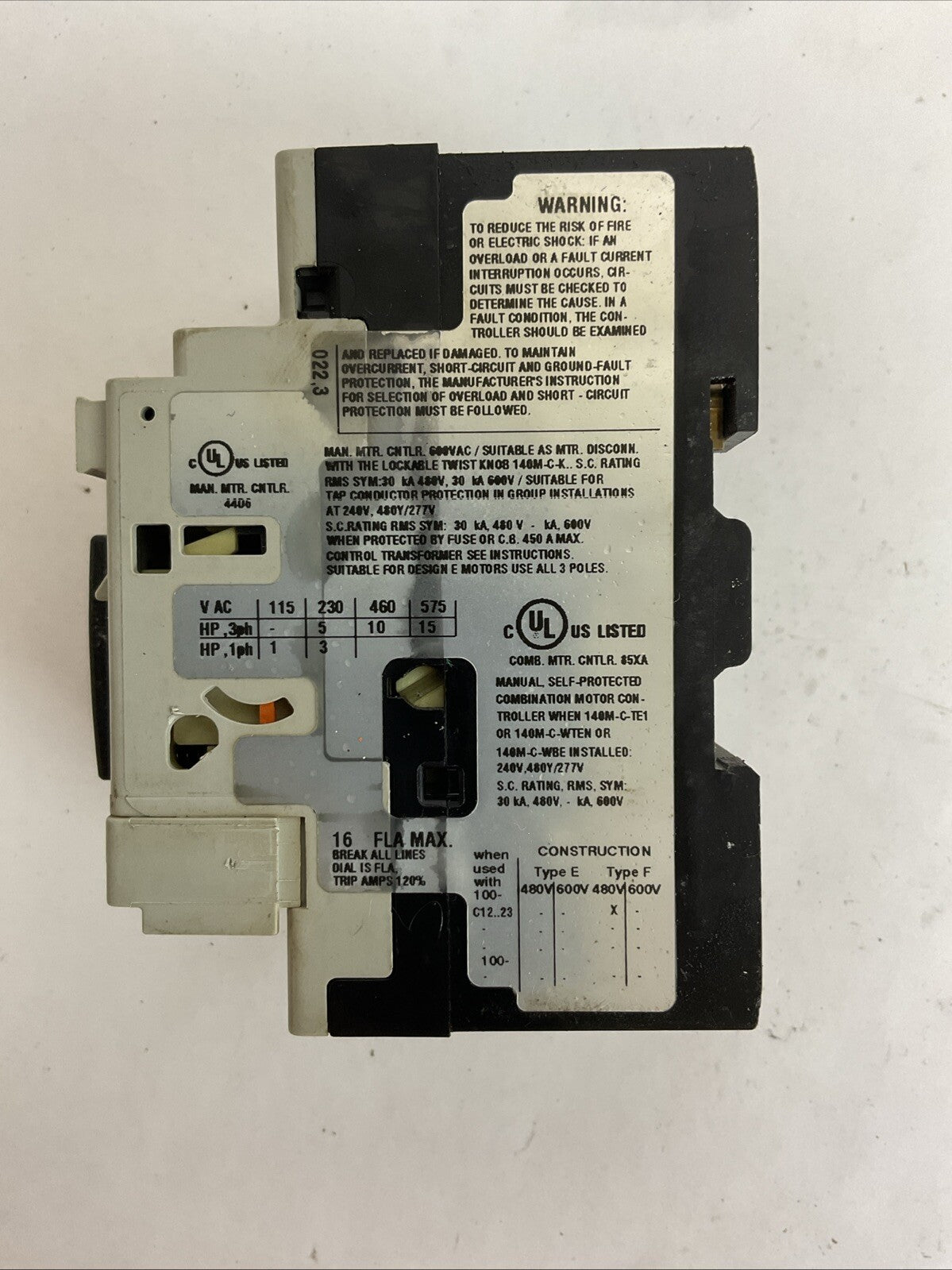 ALLEN BRADLEY 140M-C2E-C16 SER C MOTOR CIRCUIT BREAKER 10-16A 140M-C-AFA11