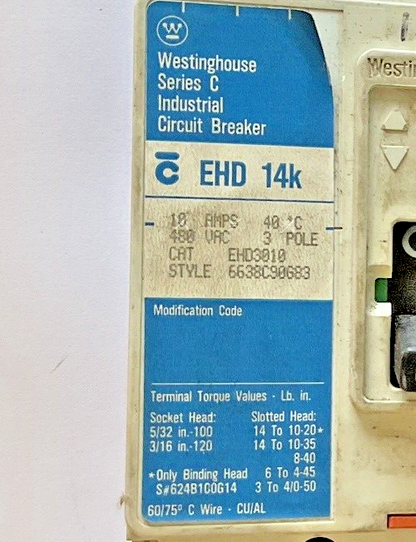 WESTINGHOUSE EHD3010 CIRCUIT BREAKER EHD 14K 3POLE 10A 480VAC SER.C
