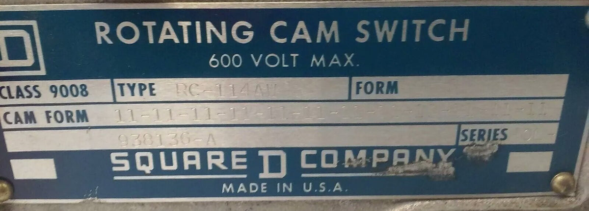 SQUARE D ROTATING CAM LIMIT SWITCH CLASS 9008, TYPE RC-114AW, SER. FOL-2, 600V
