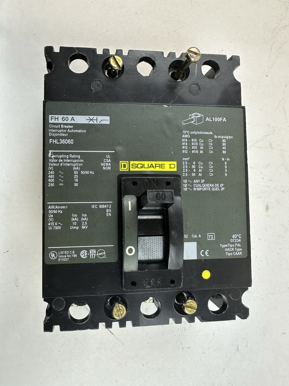 SQUARE D FHL36060 3 POLE MOLDED CASE CIRCUIT BREAKER 60A 600VAC 250VDC