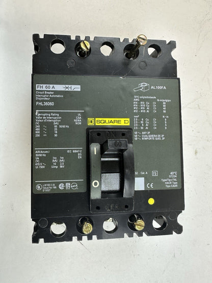 SQUARE D FHL36060 3 POLE MOLDED CASE CIRCUIT BREAKER 60A 600VAC 250VDC