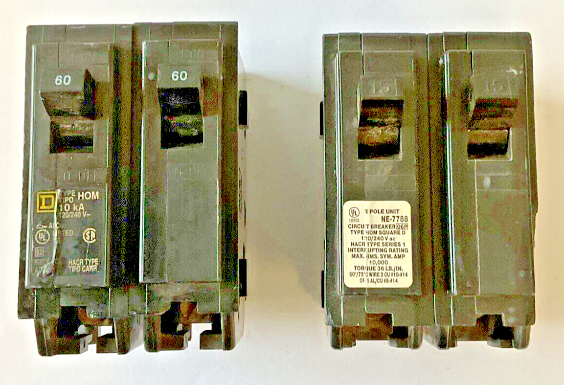 SQUARE D HOM215 & HOM260 CIRCUIT BREAKER 10KA 20A,60A 15A HAS CHIP***LOTOF2***