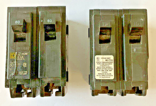 SQUARE D HOM215 & HOM260 CIRCUIT BREAKER 10KA 20A,60A 15A HAS CHIP***LOTOF2***