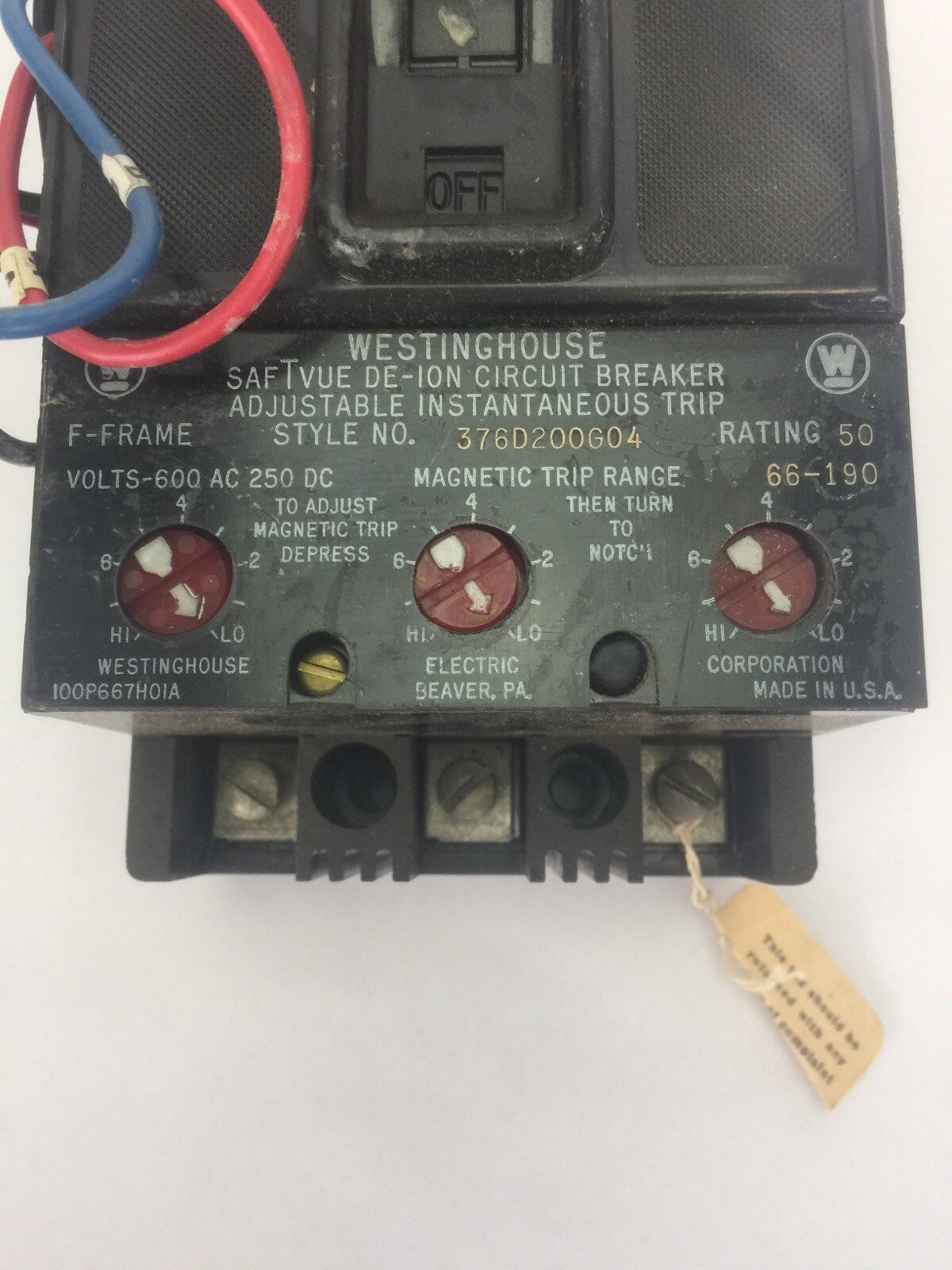 WESTINGHOUSE F3050S SAFTVUE DE-ION CIRCUIT BREAKER 50A 600VAC 250VDC 376D200G04