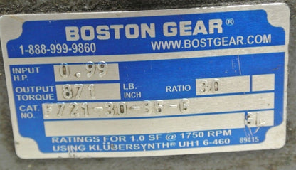 BOSTON GEAR F721-30-B5-G RIGHT-ANGLE WORM GEARBOX / 30:1 / 2.06 CENTER DIST
