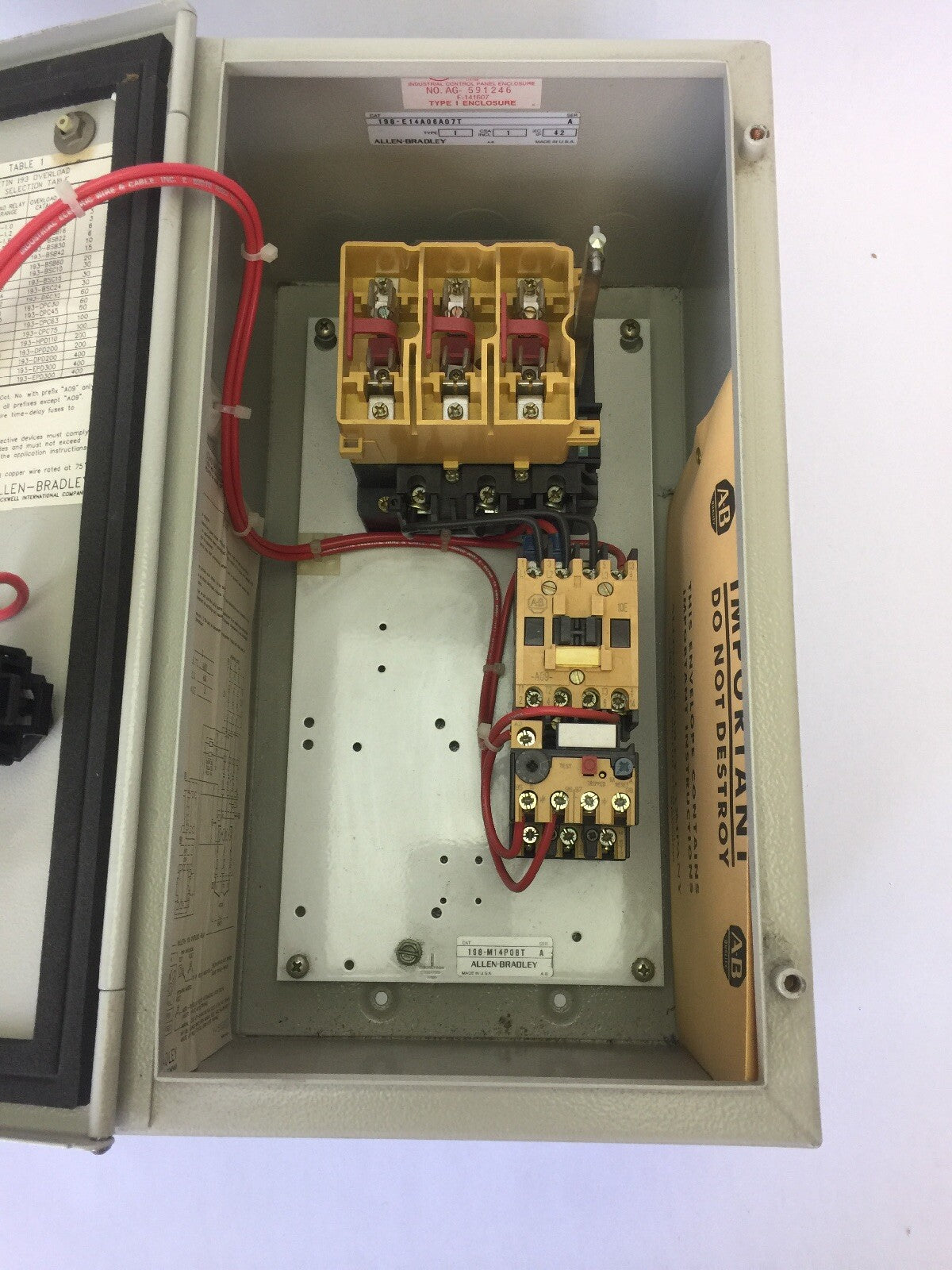 ALLEN BRADLEY 198-E14A08A07 MOTOR CONTROL 480V 2HP 198-M14P08T 112-A09ABB42-1