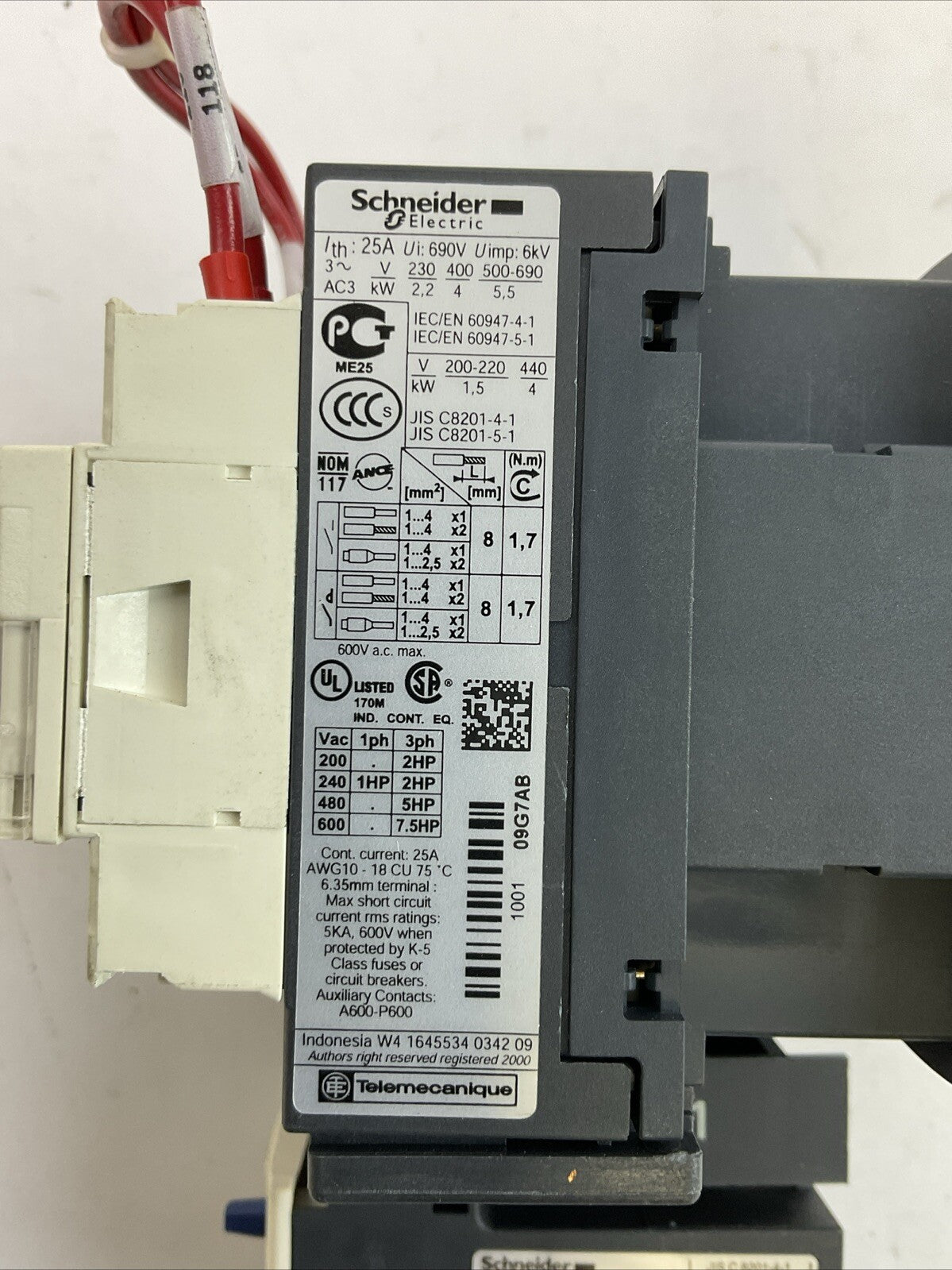 SCHNEIDER ELECTRIC REVERSING STARTER (LC1D09(2) CONTACTOR+LRD07 RELAY) 120V COIL