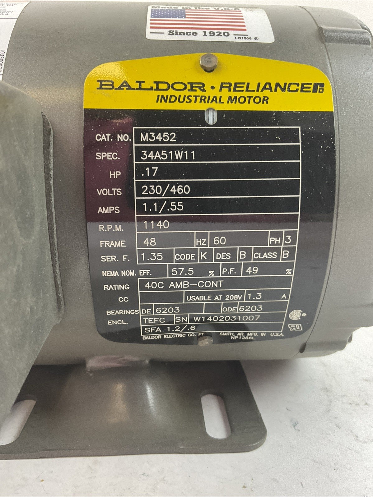 BALDOR M3452 34A51W11 INDUSTRIAL MOTOR 0.17HP 230/460V 1.1/.55A 1140RPM 60HZ 3PH
