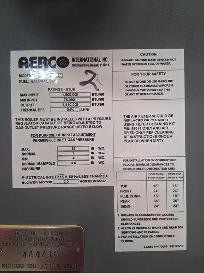 AERCO BMK1500 BOILER 1500MBH 107SQFT 44GALLON 160PSIG 115V 1500000BTU 15A 2HP