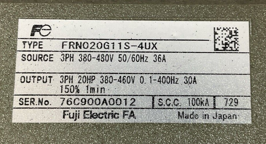 FUJI FRN020G11S-4UX FRENIC 5000G11 OUTPUT 3PH 20HP 380-460V30A SOURCE 380-480V
