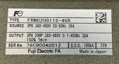 FUJI FRN020G11S-4UX FRENIC 5000G11 OUTPUT 3PH 20HP 380-460V30A SOURCE 380-480V