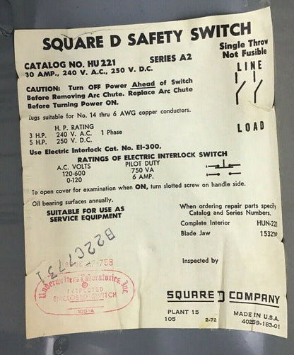 SQUARE D H-221 SAFETY SWITCH SER.A2 30A 240VAC/250VDC 5HP