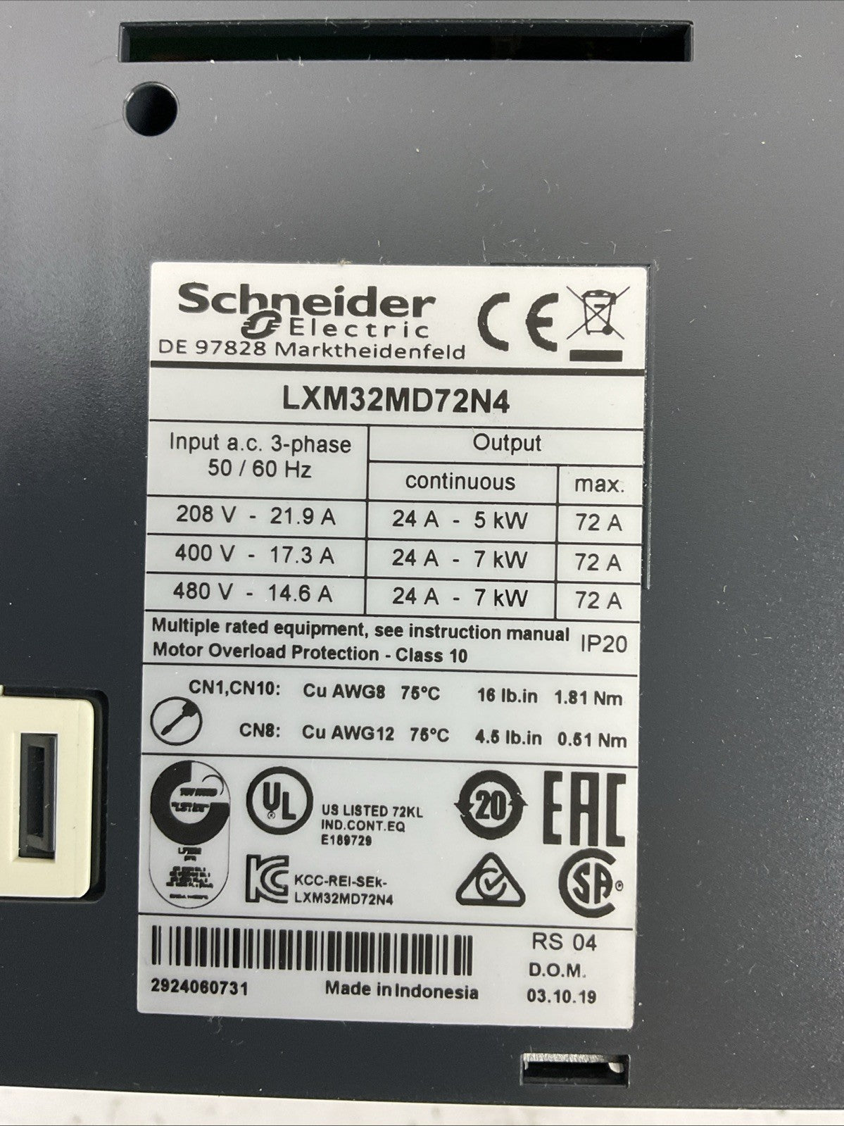 SCHNEIDER ELECTRIC LXM32MD72N4 AC SERVO DRIVE INPUT 3PH 480/400V/208 OUTPUT 7kW