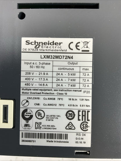 SCHNEIDER ELECTRIC LXM32MD72N4 AC SERVO DRIVE INPUT 3PH 480/400V/208 OUTPUT 7kW
